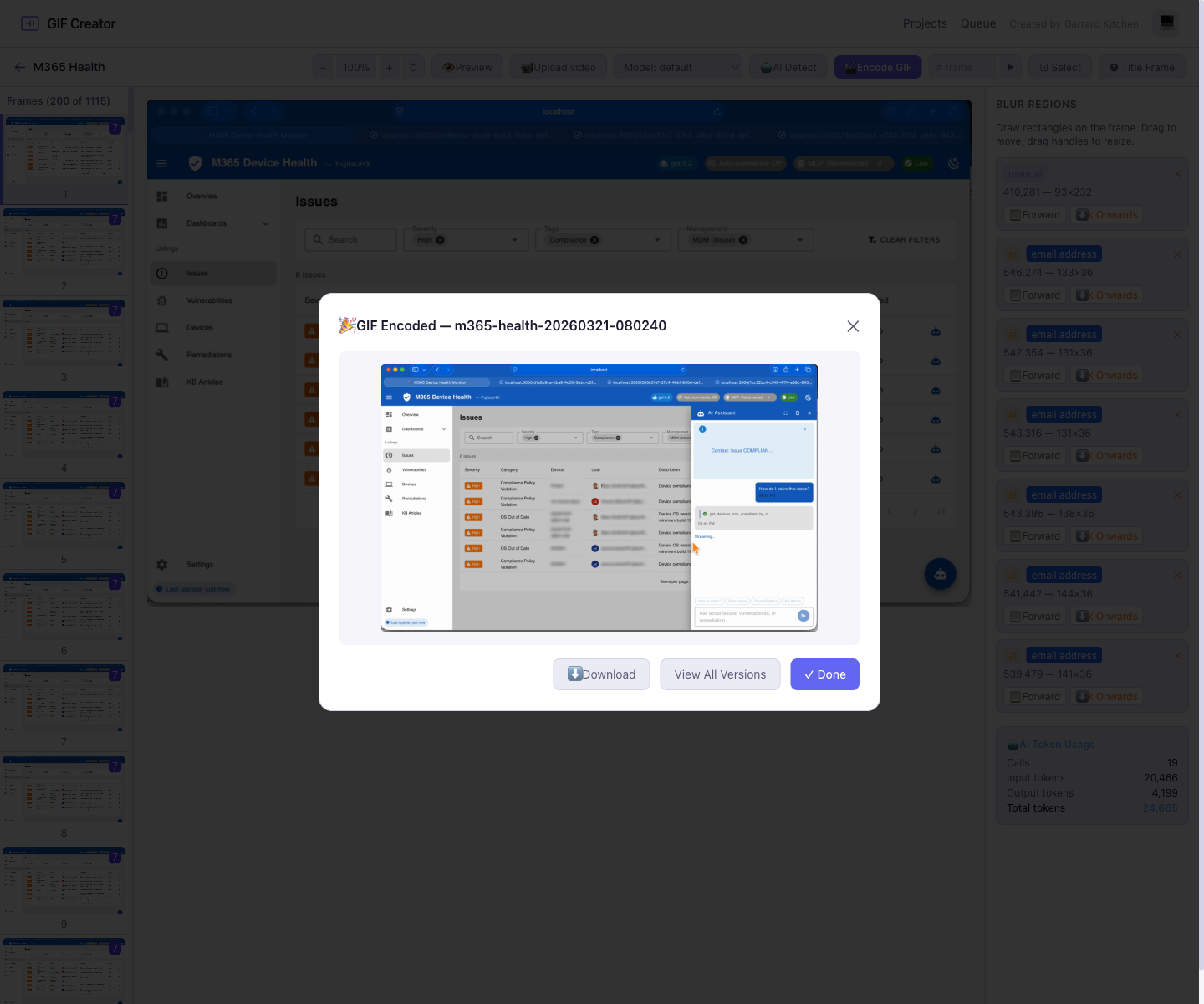 Editor showing the completed GIF in the post-encode modal