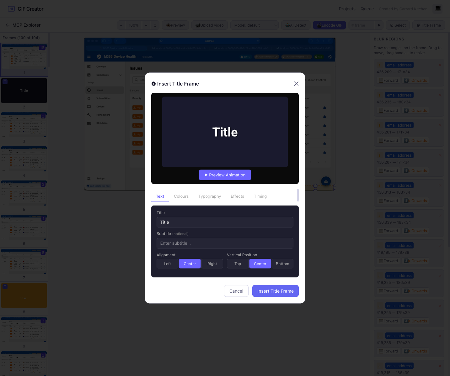 Insert title frame modal