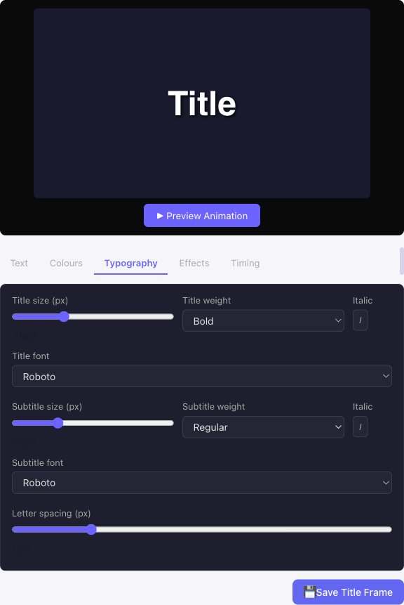 Title frame Typography tab