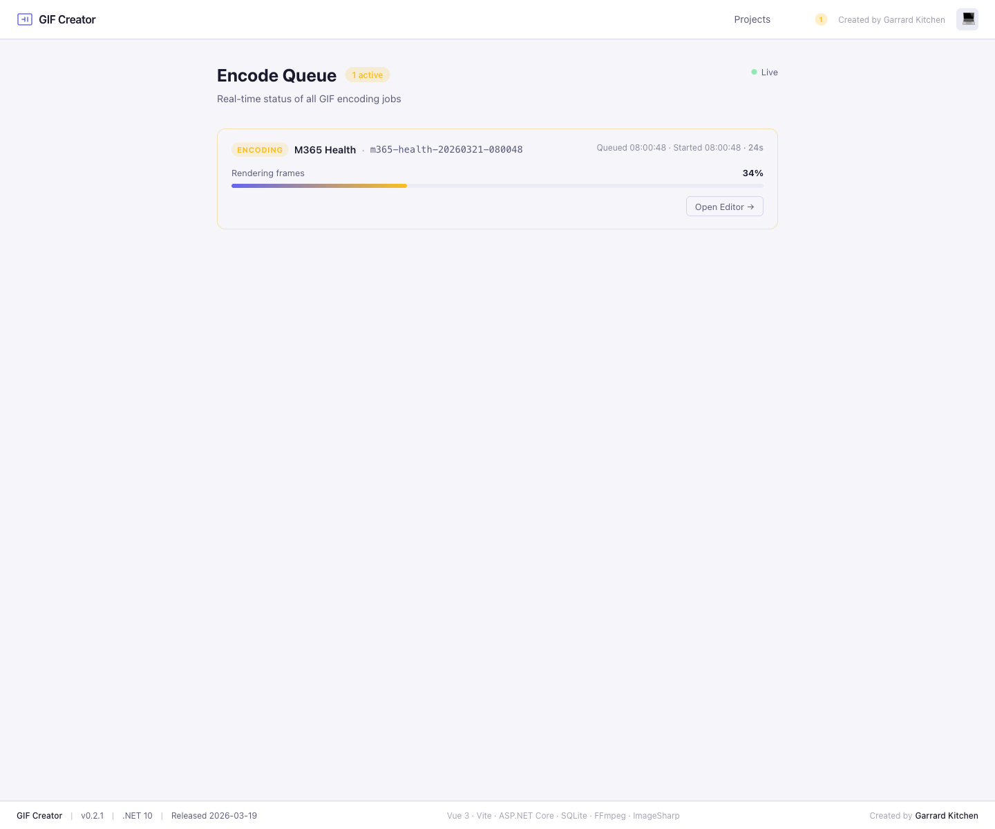 Encode queue page with an active encoding job and progress bar
